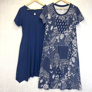 Lot of 2 Cuddl Duds Dress Womens PL Petite Large Pockets Blue Midi Knee Comfy